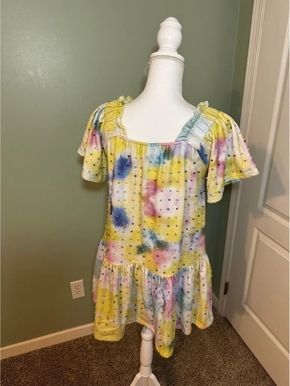 Queen of Sparkles Rainbow Tie-Dye Pearl Embellished Puff sleeve Mini Dress Small